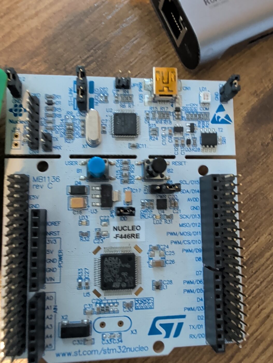 STM32 Nucleo-F446RE development board, MB1136 rev C, with its ST-LINK programmer section and Arduino and Morpho headers